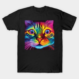 Neon Cat Print in Bold Pink, Yellow and Blue T-Shirt